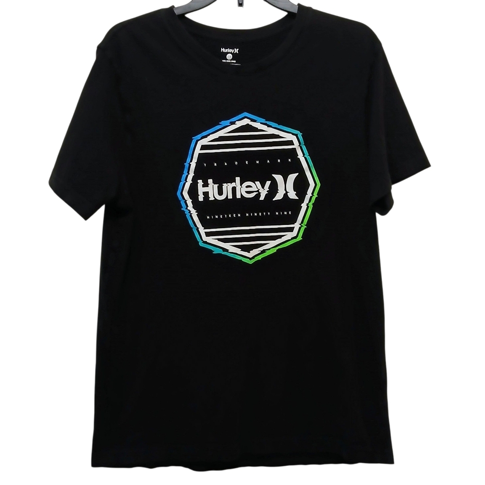 Hurley Mens Black Neon Green Blue  White T-Shirt LARGE Short Sleeve 100% Cotton